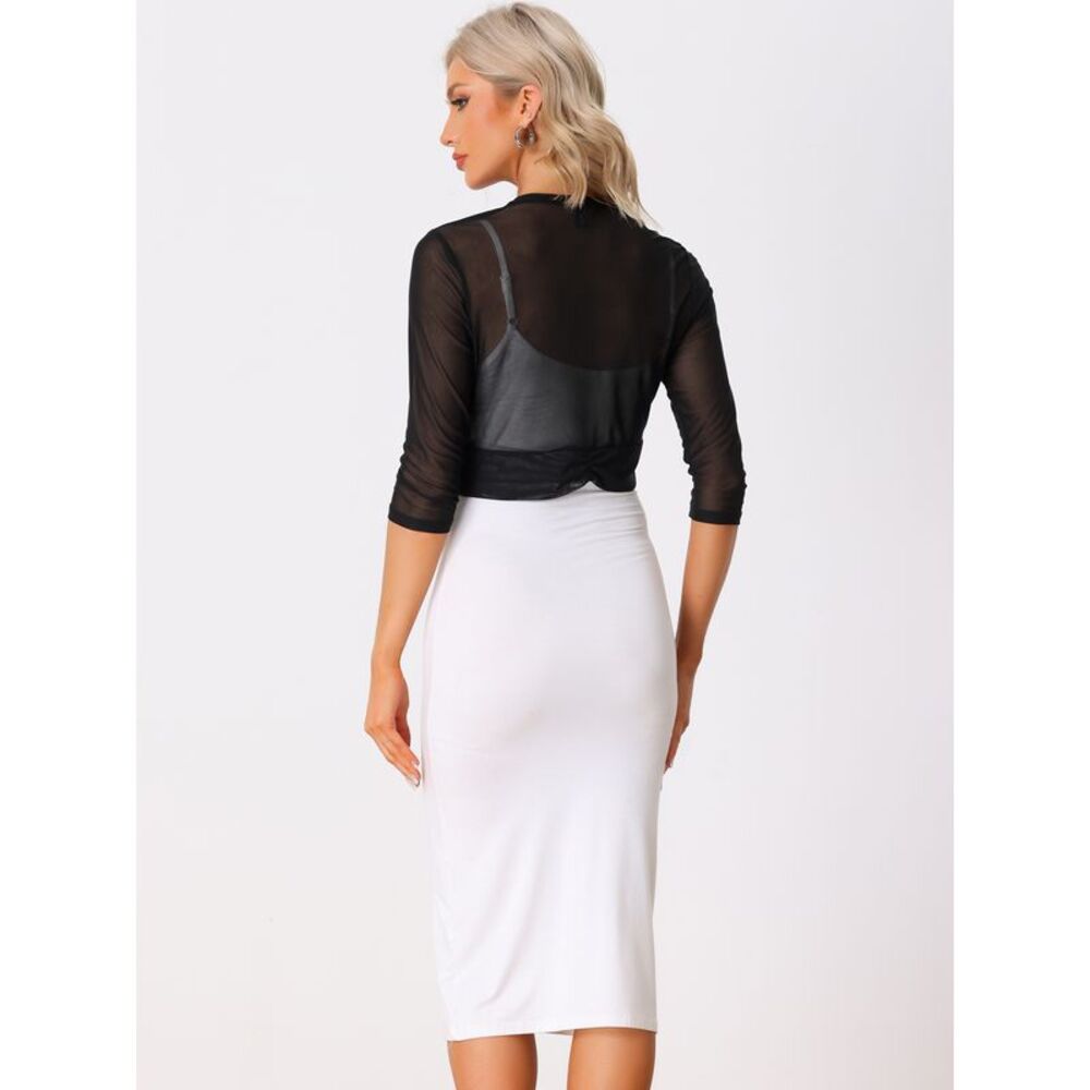 Chiffon Shrug 3/4 Sleeve Open Front Bolero Mesh Sheer Cardigan Black - Picture 3 of 6